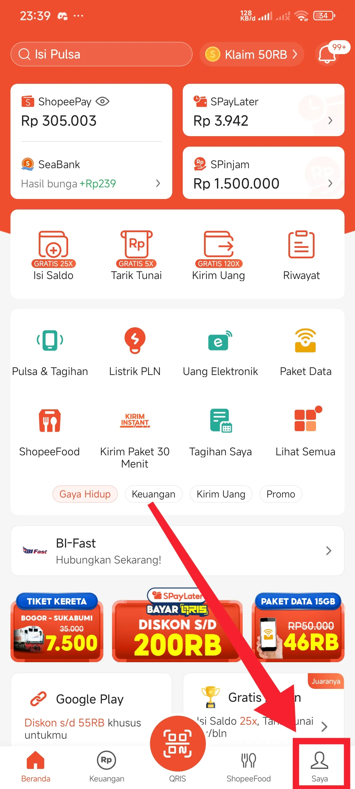 Tampilan halaman beranda aplikasi ShopeePay terbaru dengan saldo dan menu navigasi bawah.