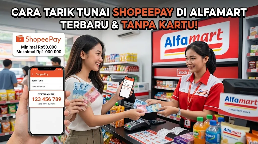 Kasir Alfamart sedang melayani pelanggan untuk tarik tunai ShoopeePay